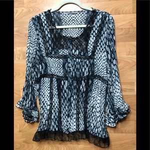 Black & Gray Blouse with Lace and Bell Sleeves